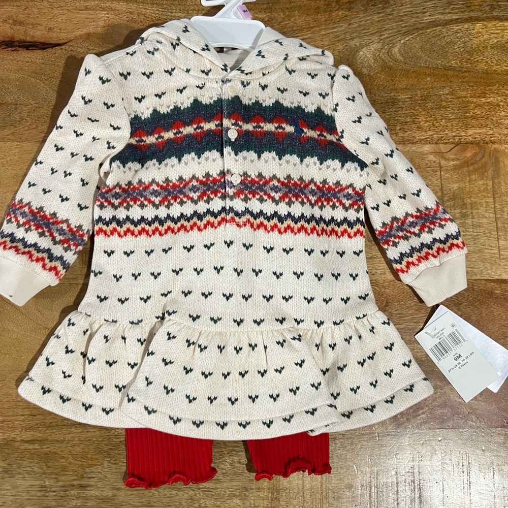 BNWT Polo Ralph Lauren Kids’ Cozy Knit Patterned Sweater Dress with Red Leggings
